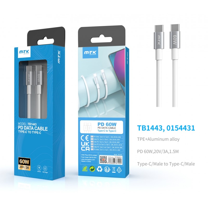 TB1443 METAL 3A/60W SUPER CHARGING TYPE-C TO TYPE-C CABLE FOR MAC AND LAPTOPS, 1.5M, WHITE